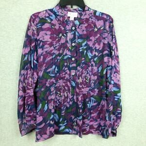 The Togs Shop Women Shirt Petite Medium Multi Color Flowers Sheer Long Sleeve